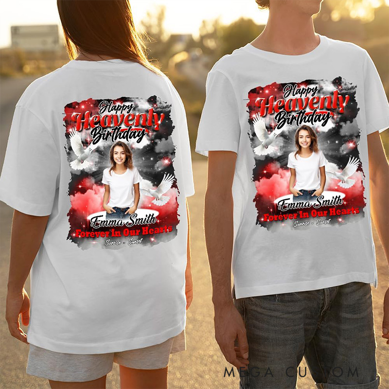 Personalized in Loving Memory T Shirts Memorial Day T Shirts Heaven’s Stairway Memorial Gift Double Side Shirt Rest in Peace Shirt