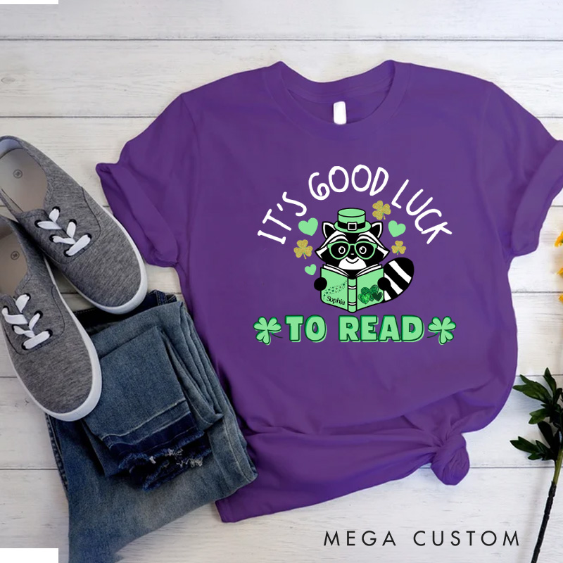 Personalized It's Good Luck to Read Classic T-Shirts St. Patrick's Day Reading Racoon Shirt with Name Tee for Book Lover Bookworm Girlfriend Wife Women St. Patrick's Day Gift