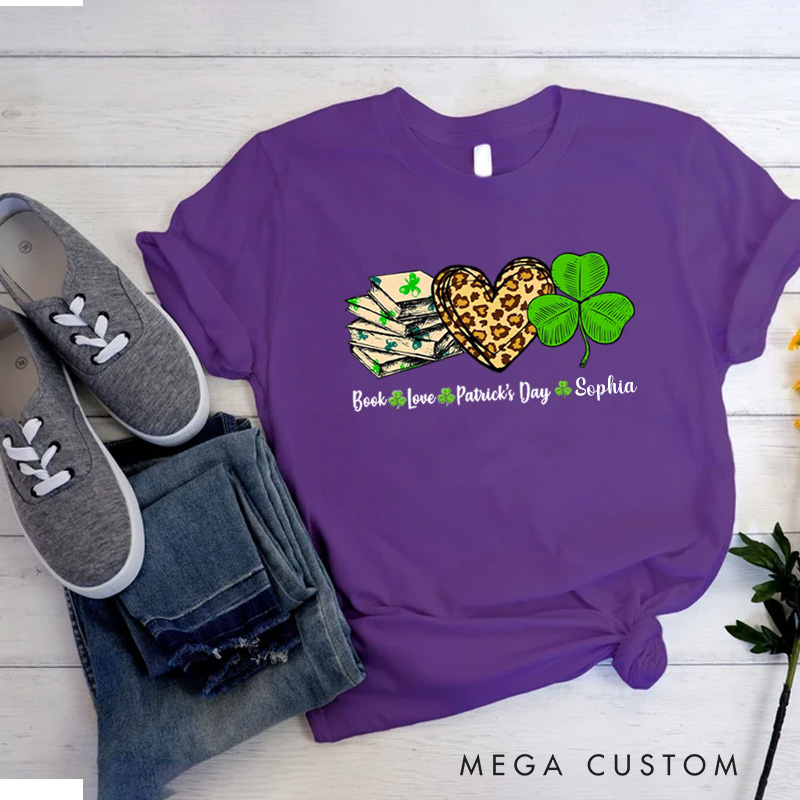 Personalized Book Lover St. Patrick's Day Classic T-Shirts Irish Shamrock Reading Shirt with Name for Book Lover Bookworm Girlfriend Wife Women Gift