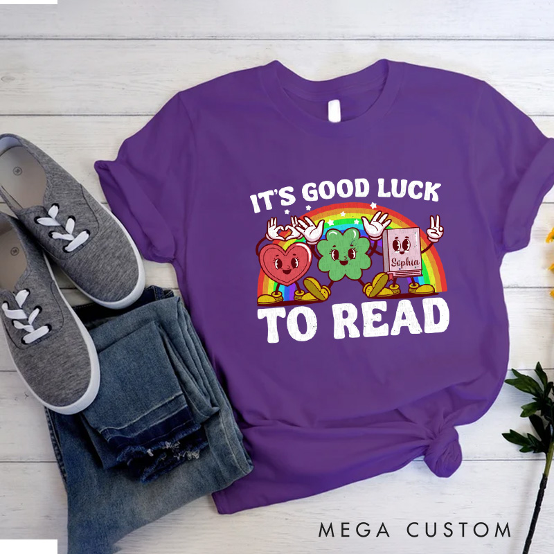 Personalized It's Good Lick to Read Classic T-Shirts Irish Retro Bookish Lucky Shirt with Name for Book Lover Bookworm Girlfriend Wife Women Gift