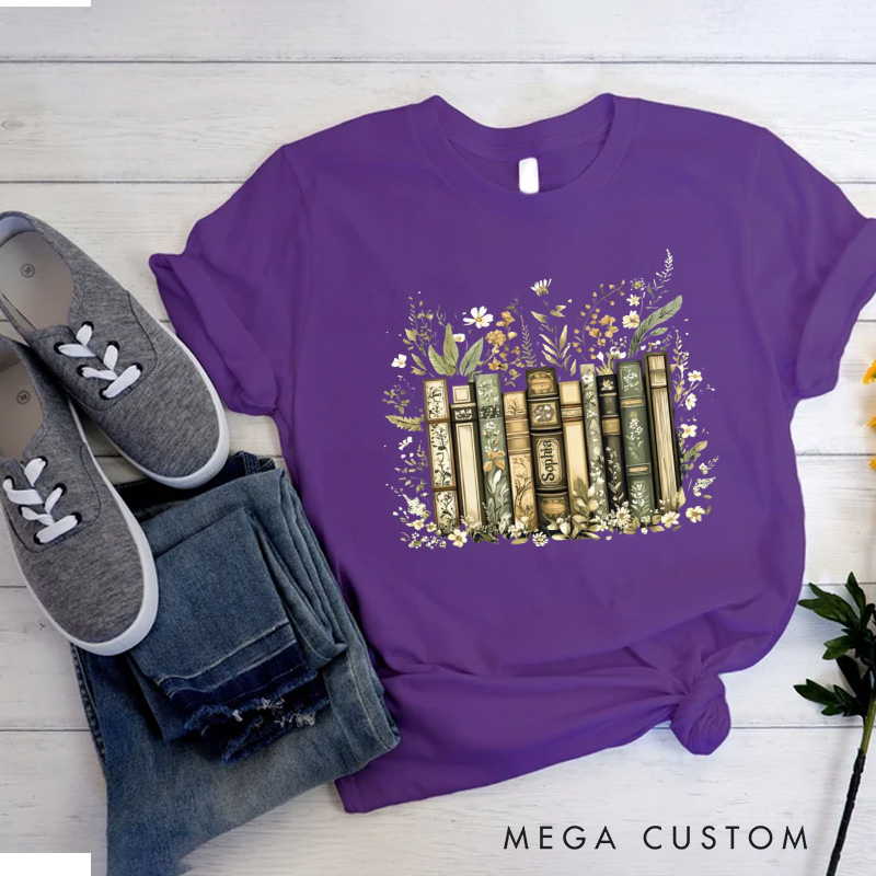 Personalized Flower Books Classic T-Shirts Floral Book Shirt with Name Librarian Tee for Book Lover Bookworm Girlfriend Wife Women Gift