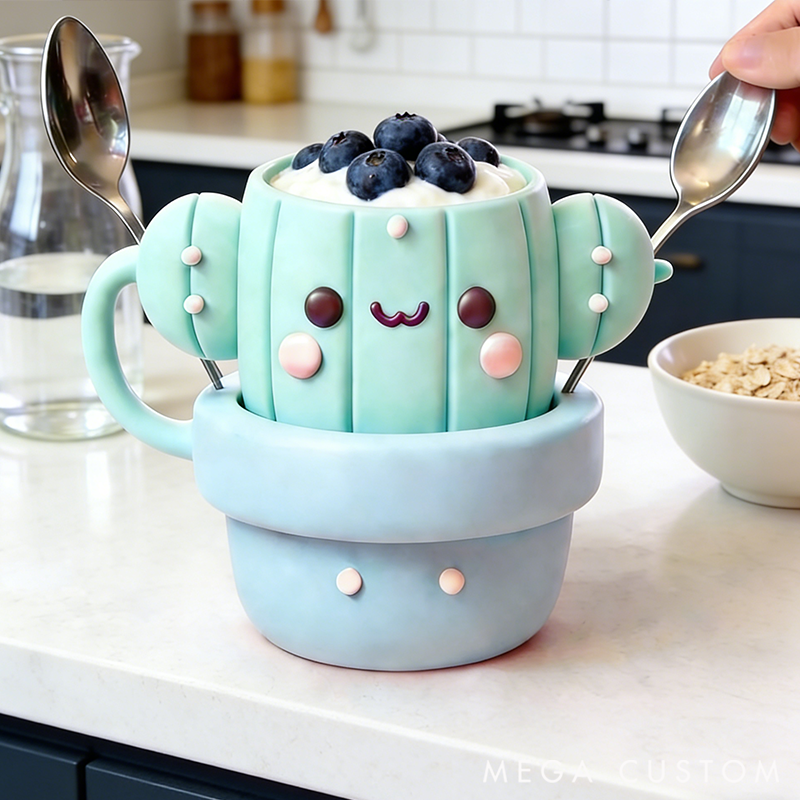 Personalized Cute Cactus Ice Cream Pint Holder with Spoon Slots Eco-Friendly 3D Print for Gardening Lovers