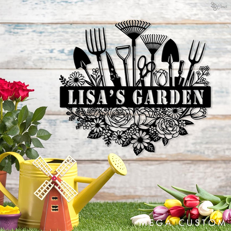 Personalized Custom Garden Sign with Tools Gift for Mom Garden Gift Outdoor Wall Art with Flower Decor for Garden Lover