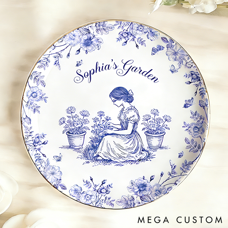 Personalized Garden Lover Kneeling Gardener Silhouette Chinoiserie Toile De Jouy Style Round Ring Dishes