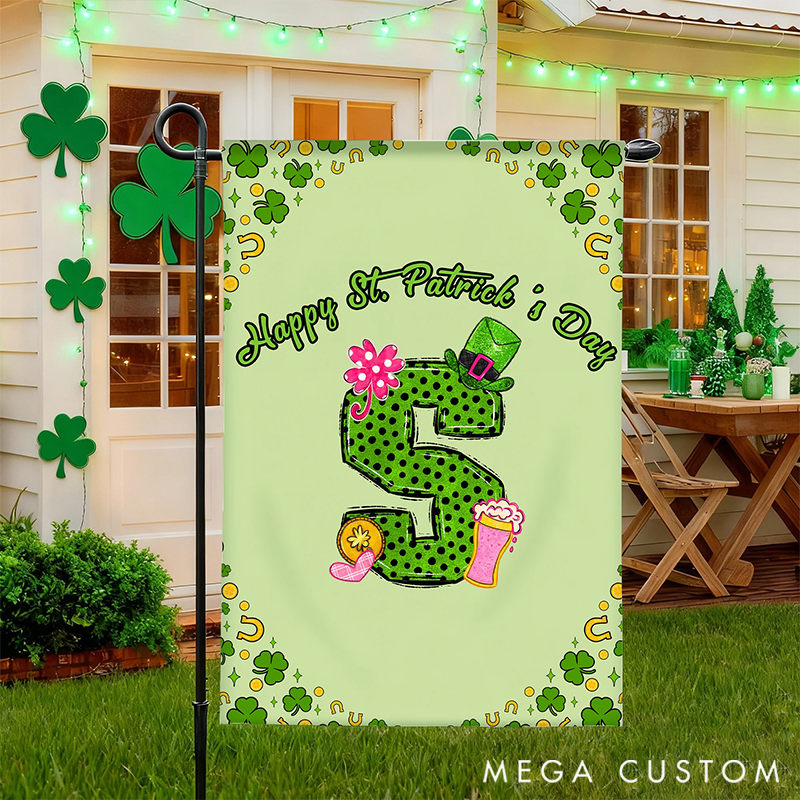 Personalized Lucky Shamrock Beer Mug Initial Garden Flag Outdoor Decor St. Patrick's Day Gift for Garden Lover