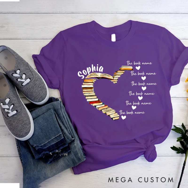 Personalized Book Heart Classic T-Shirts with Name Book Lover Tee for Book Lover Bookworm Girlfriend Wife Women Gift