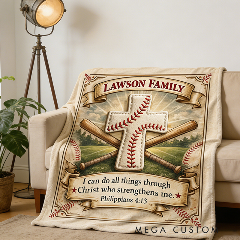 Personalized Baseball Blanket with Family Name and Inspirational Verse for Sports Enthusiasts and Believers Alike