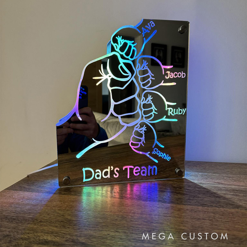 Personalized Dad's Team Fist Mirror Lamp Custom Family Name LED Light Father's Day Gift for Dad Family Keepsake 