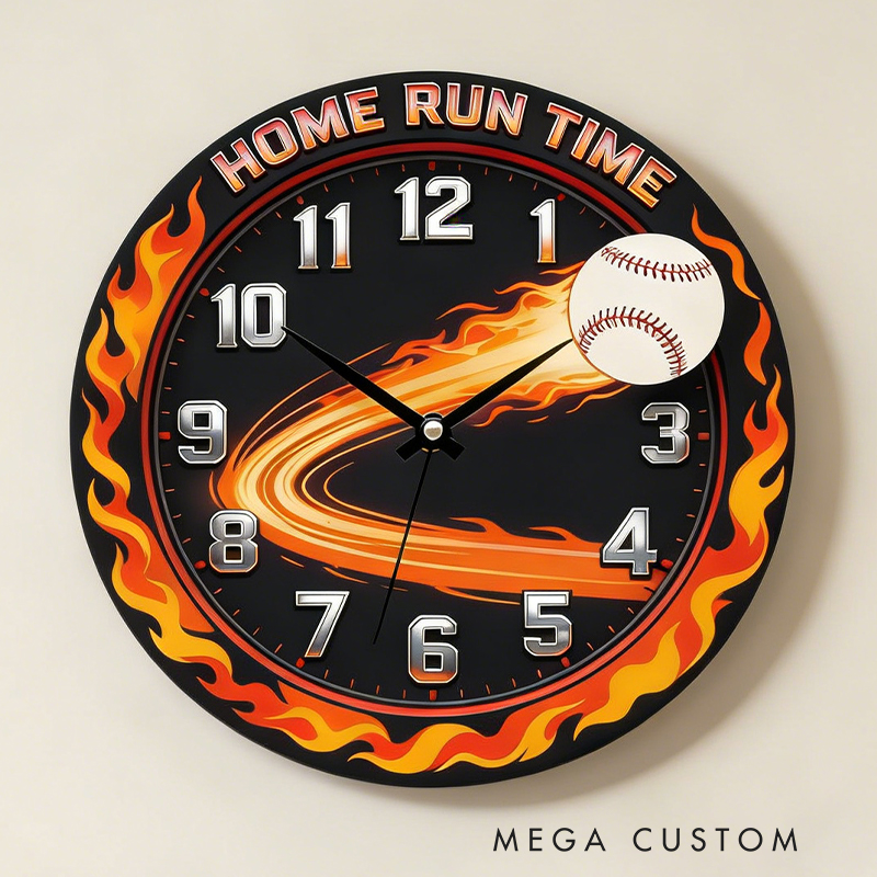Personalized Home Run Time Clock with Fiery Baseball Design for Baseball Enthusiasts