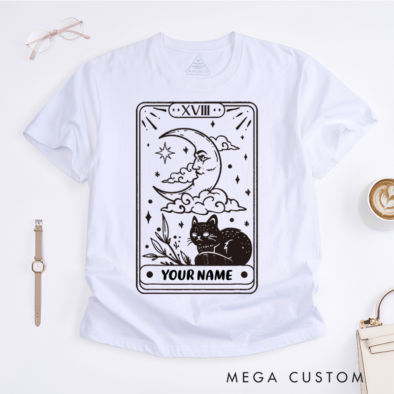 Personalized Tarot Lovers Classic T-Shirts The Moon Tarot Card Cat Meow T-Shirt Gift for Cat Lovers 