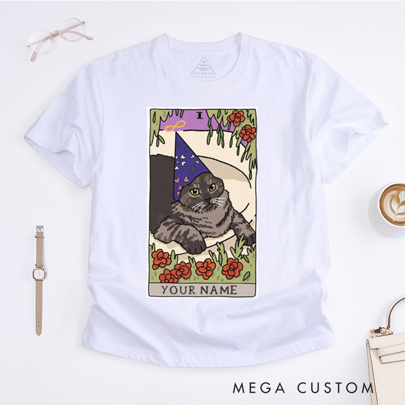 Personalized Tarot Lovers Classic T-Shirts Wizard Cat The Magician Tarot Card T-Shirt Witchy Clothing Sad Cat Meme  Clothing Gift