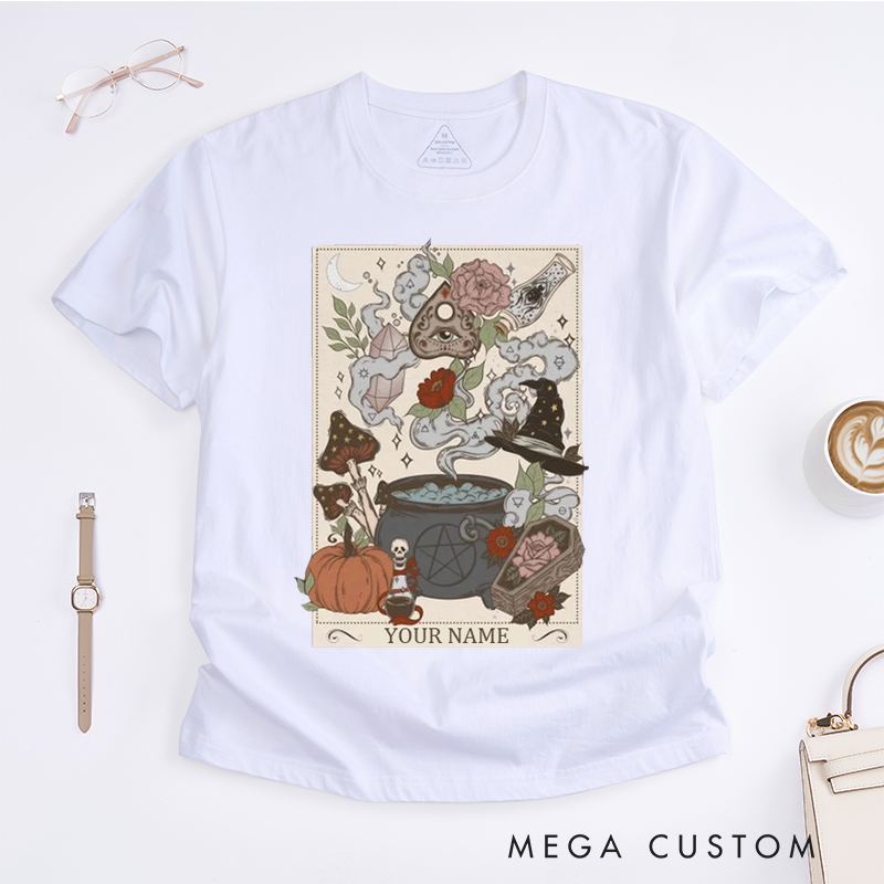 Personalized Witch Halloween Classic T-Shirts Custom Spooky Gift for Magic Lovers Unisex Vintage Potion Pumpkin Mushroom Print Unique Gift