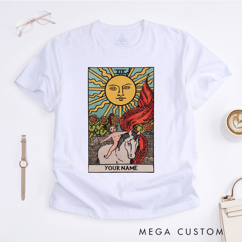 Personalized The Sun Tarot Card Classic T-Shirts Custom Name Gift Unisex Unique Astrology Tee Spiritual Birthday Present for Tarot Reader Friends