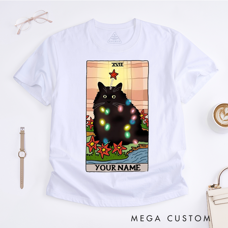 Personalized Black Cat Tarot Card Classic T-Shirts Christmas Lights Design Unique Gift for Cat Lovers Unisex Tee Stylish Top