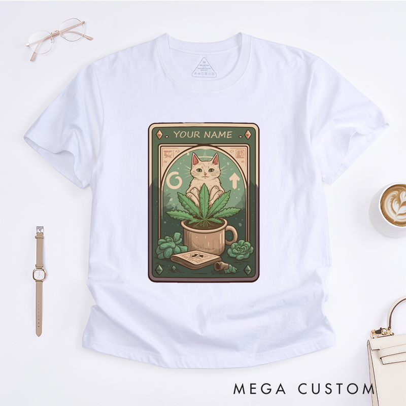 Personalized Tarot Lovers Classic T-Shirts Stoner Cat Classic T Shirt Gift for Cat Lovers Cannabis Enthusiasts Creative Funny Casual T-Shirts