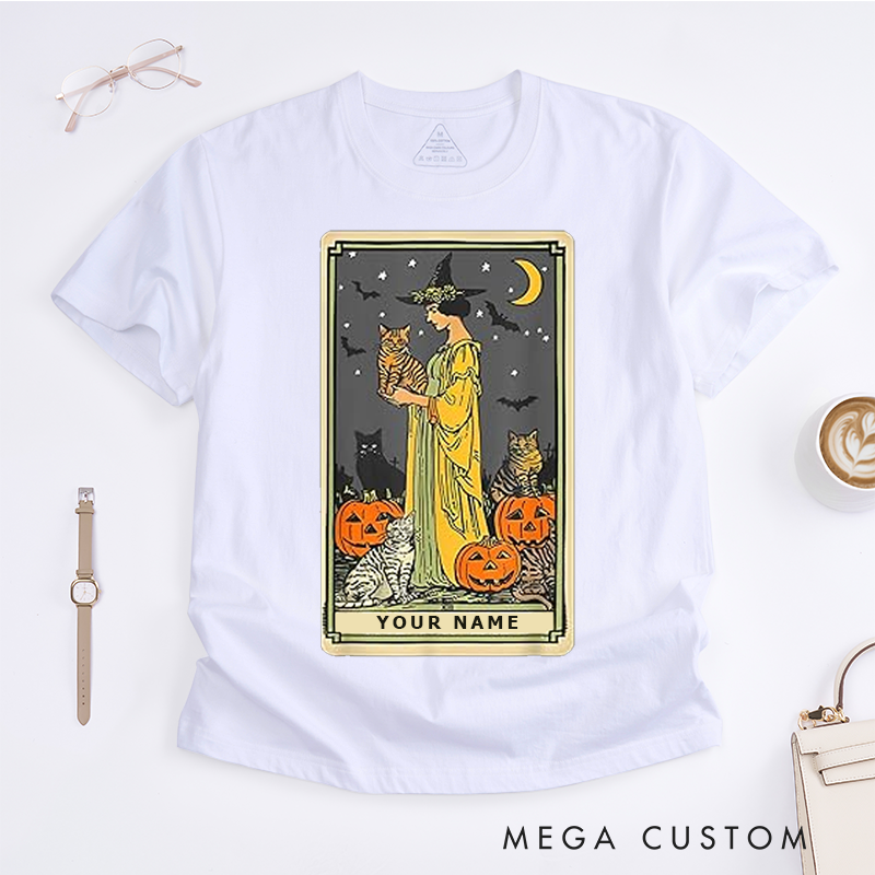 Personalized Tarot Lovers Classic T-Shirts Cat Lady Witch T Shirt Halloween Pumpkin Lovers Classic Tee Unique Gift for Cat Owner Present