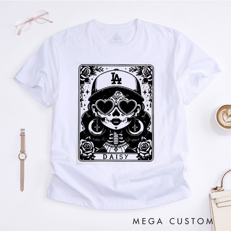 Personalized Tarot Lovers Classic T-Shirts La Chingona Skull T-Shirt Gothic Heart Glasses Skeleton Day of the Dead Tee 