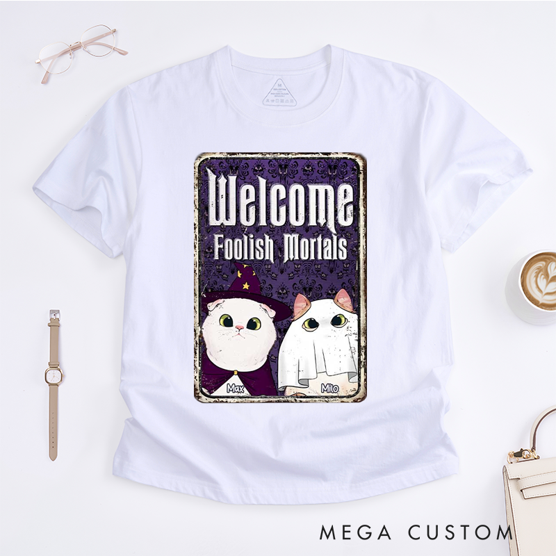 Personalized Tarot Lovers Classic T-Shirts Halloween Cat Classic T-Shirts Cute Wizard and Ghost Cat Design Gift for Cat Lovers