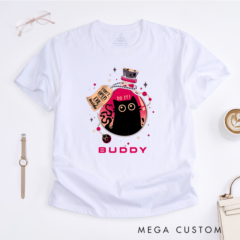 Personalized Cute Black Cat Potion Classic T-Shirt Funny Do Not Open Evil Inside Gift for Cat Lovers Friends Buddy Unique Unisex Custom Tee