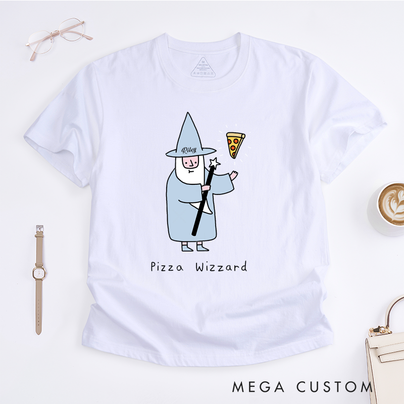 Personalized Pizza Wizard Classic T Shirts Custom Name Gift for Pizza Lovers Unique Fantasy Wizard Magic Tee for Men and Women Birthday Present