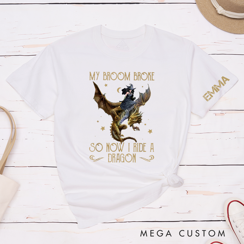 Personalized Witch Dragon Rider Classic T-Shirts Custom Name Funny Halloween Gift for Women Men Unique Broom Broke Fantasy Tee for Friends Family