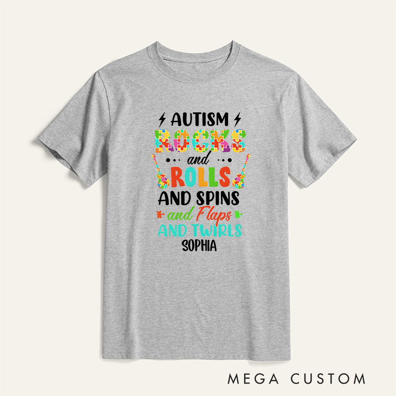 Personalized Autism Rocks and Rolls Spins Flaps and Twirls Shirt Funny Autism Awareness Month Gift