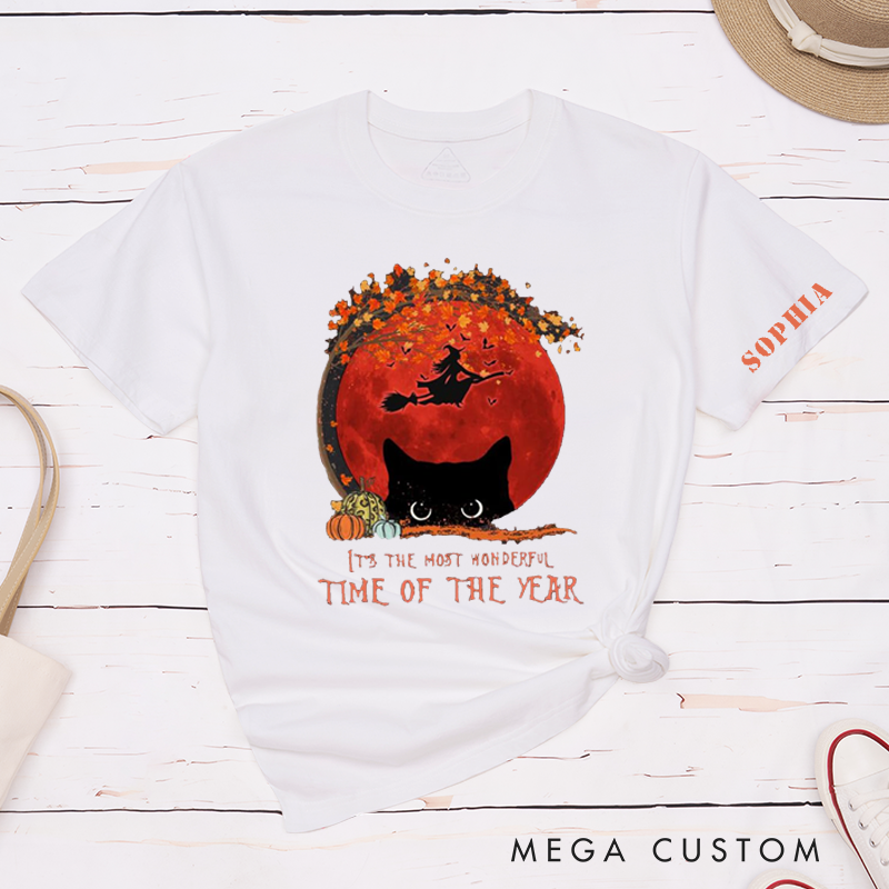 Personalized Halloween Cat Witch Autumn Moon Classic T-Shirts Custom Fall Pumpkin Tee Gift for Women Men Lovers Unique Seasonal Shirt for Sophia