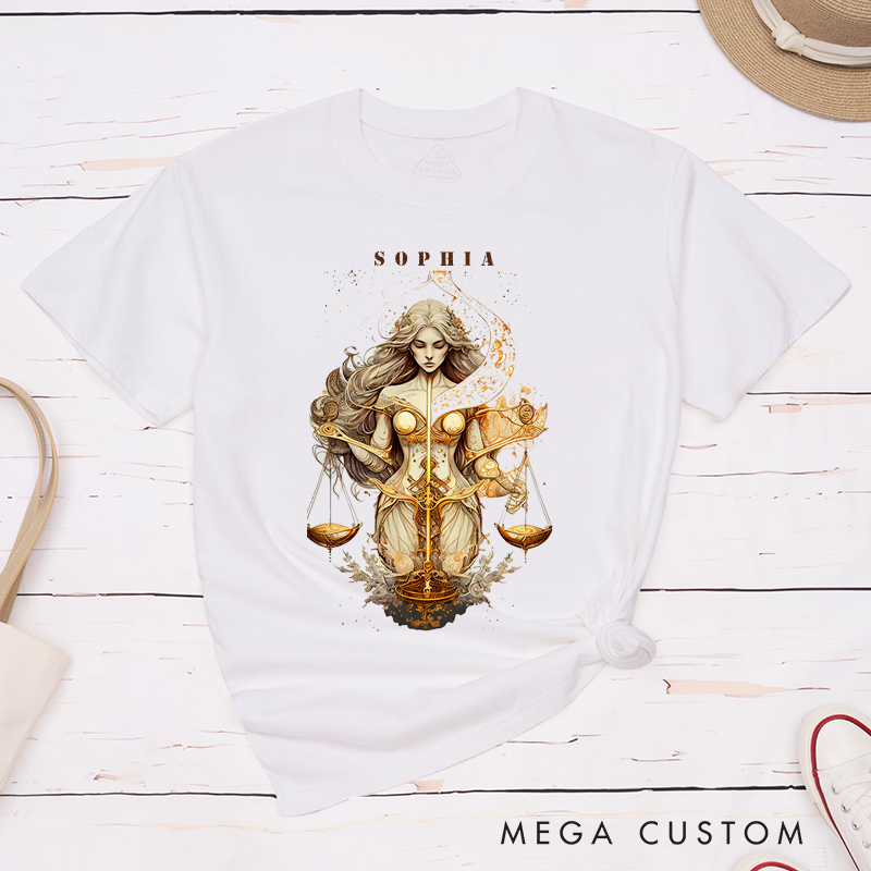 Personalized Libra Zodiac Sign T-Shirt Classic Unisex Design Custom Name Astrology Gift Unique Birthday Present for Men and Women Family and Friends