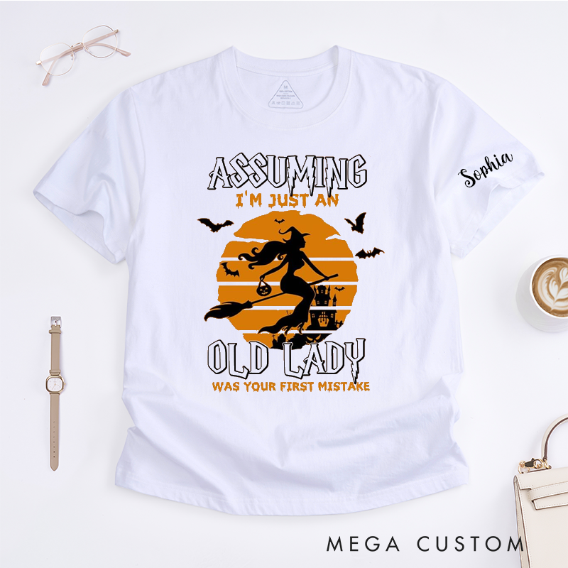 Personalized Old Lady Witch Halloween Classic T-Shirts Custom Name Funny Broomstick Costume Gift for Unique Retirement Birthday Present for Grandma