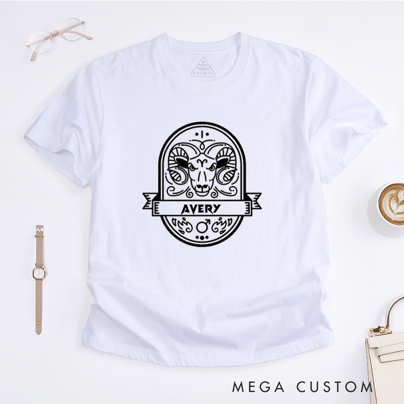 Personalized Aries Zodiac Sign Classic T-Shirts Unique Horoscope Astrology Gifts for Him and Her Custom Name Avery Birthday Gift for Astrology Lovers