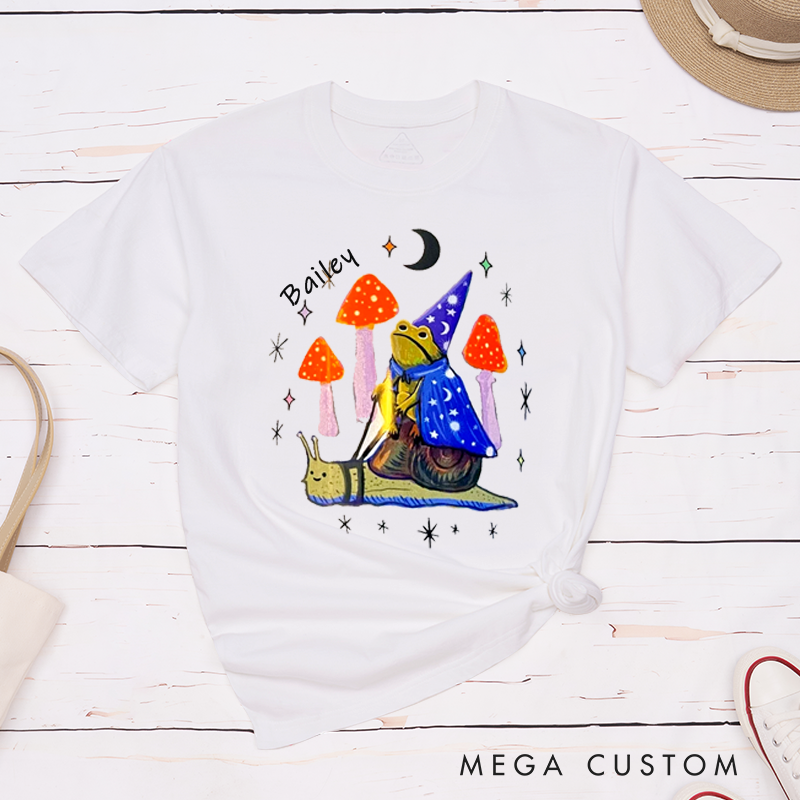 Personalized Wizard Frog Snail Ride Classic T-Shirts Custom Name Magic Fantasy Animal Gift for Nature Lovers Unisex Unique Printed Tee