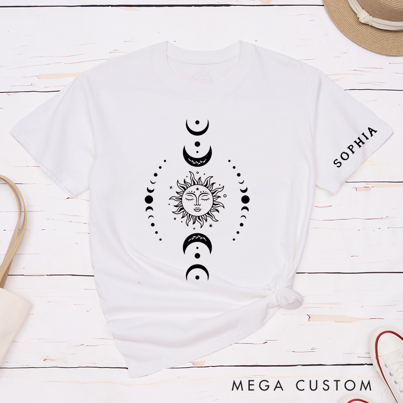 Personalized Sun and Moon Classic T-Shirts Unisex Astrology Custom Name Tee Spiritual Celestial Gift for Men Women Unique Horoscope Retro Top