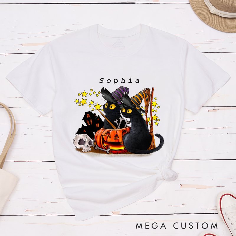 Personalized Halloween Black Cat T-Shirt Custom Witch Hat Pumpkin Skull Classic Unisex Gift Vintage Spooky Stars Broomstick Present for Cat Lovers