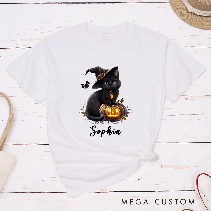 Personalized Halloween Black Cat Witch Hat Pumpkin Classic T-Shirts Custom Name Gift for Cat Lovers Women Men Unique Spooky Cute Pet Tee for Birthday