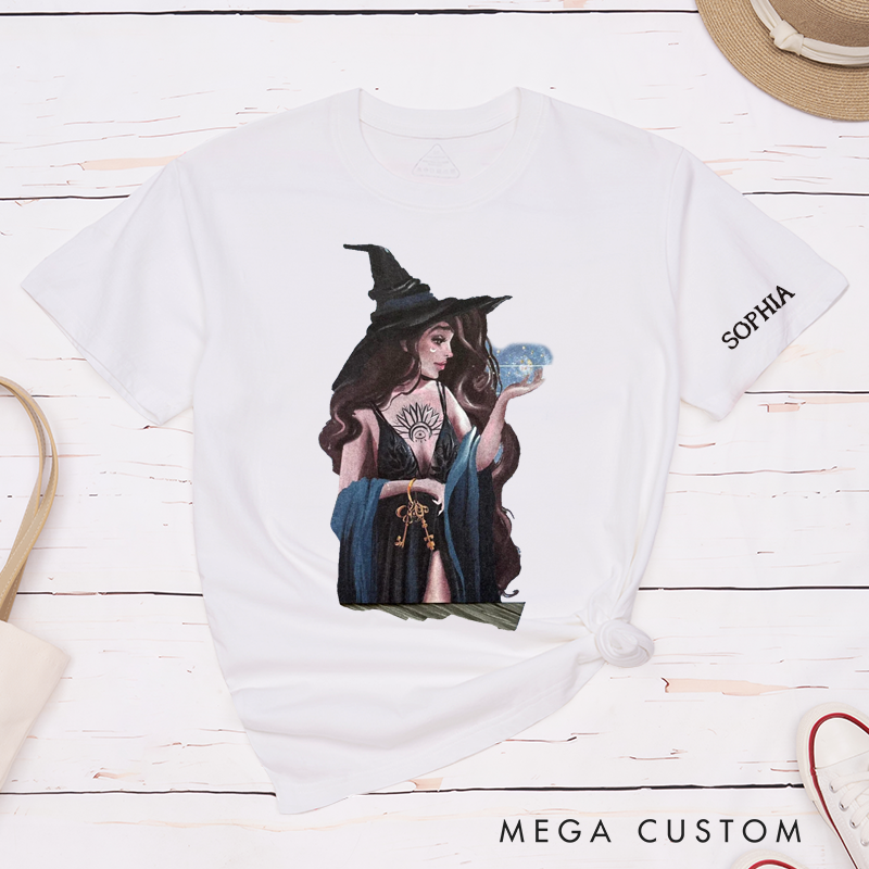 Personalized Witch T-Shirt Classic Unisex Custom Name Magic Sorceress Gift for Women and Men Unique Tarot Fortune Teller Halloween Birthday Present 