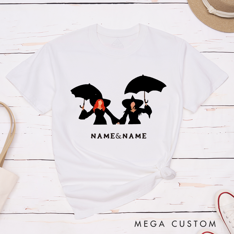 Personalized  Classic T-Shirt Custom Name Witchy Friends Halloween Gift Unisex Black Hat Umbrella Design 