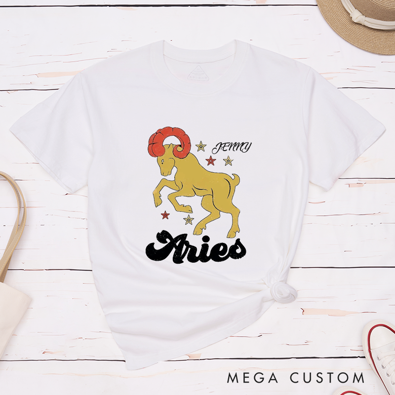 Personalized Classic T-Shirt Aries Zodiac Ram Custom Name Astrology Birthday Gift for Horoscope Lovers