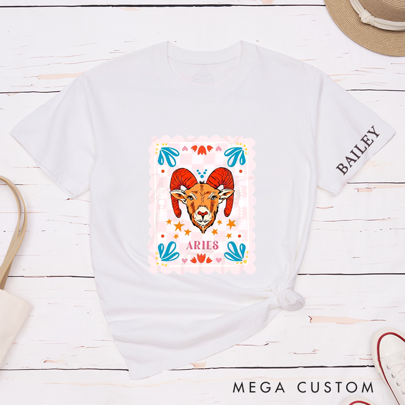 Personalized Classic T-Shirt Aries Zodiac Ram Custom Name Unisex Gift for Astrology Enthusiasts Birthday Present Unique Horoscope Tee 