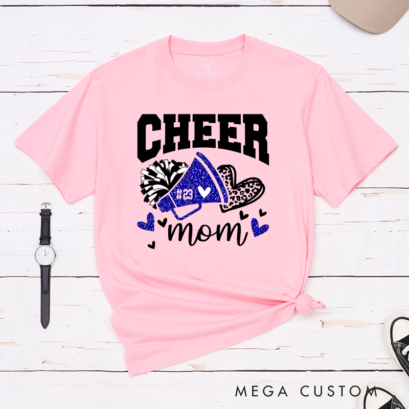 Personalized Cheer Mom T-Shirts Featuring Custom Name - Leopard Glitter Print Heart T-Shirt