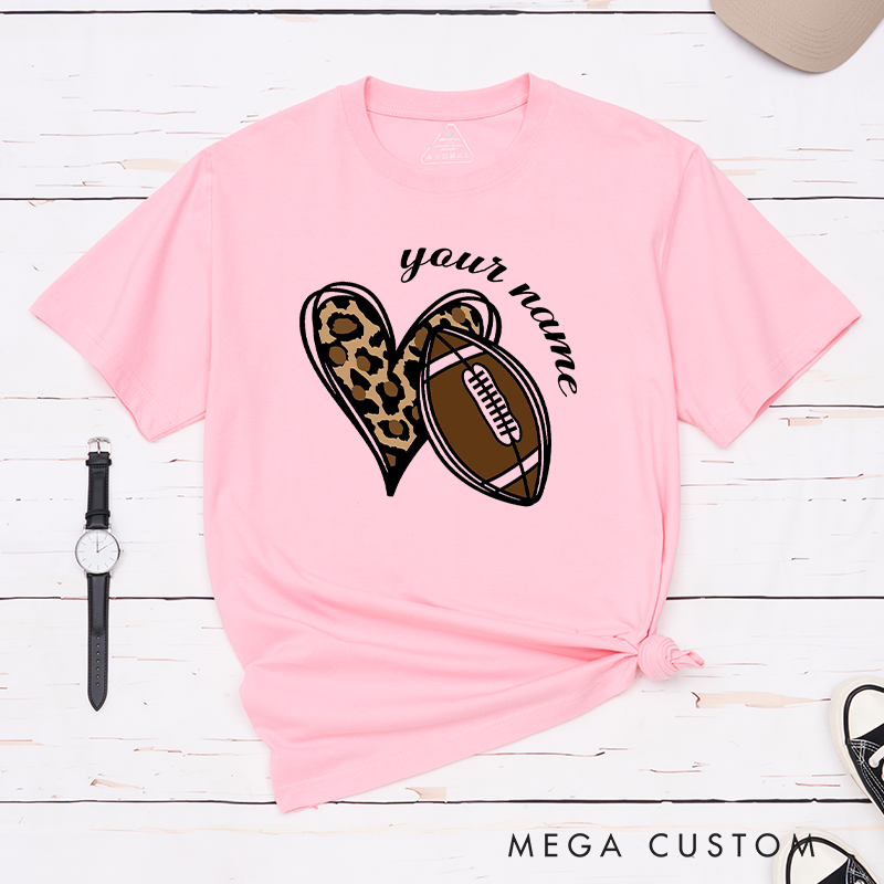 Personalized American Football and Rugby Leopard Love T-Shirts Featuring Custom Name