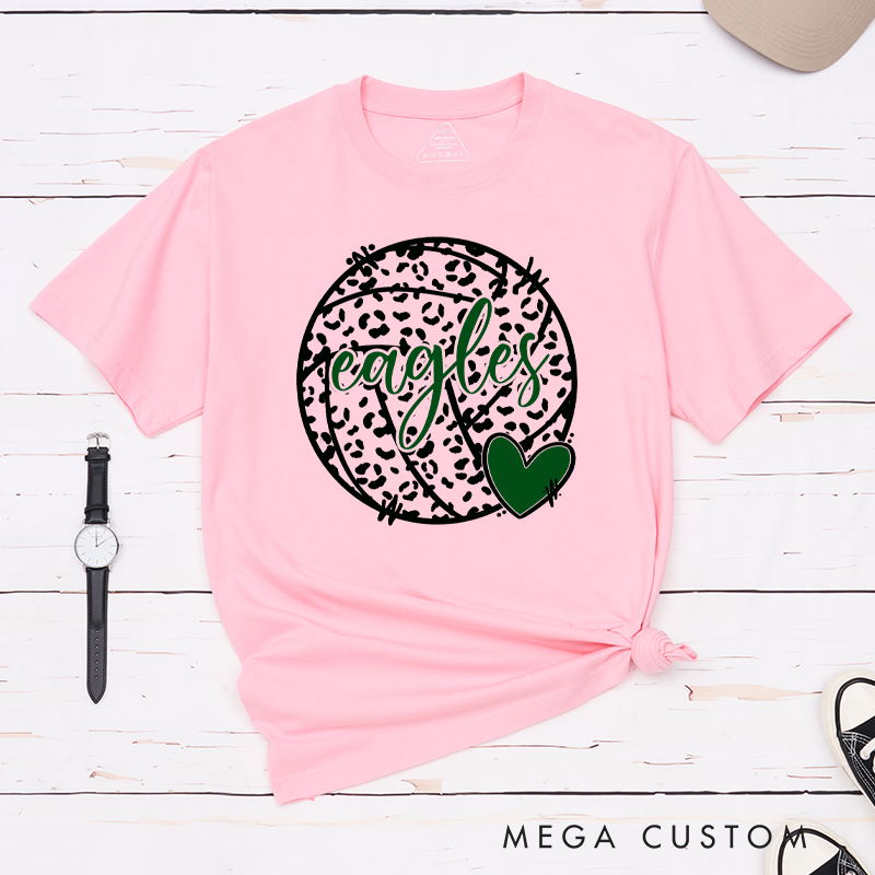 Personalized Volleyball Love and Leopard Print T-Shirts Featuring Your Team Name