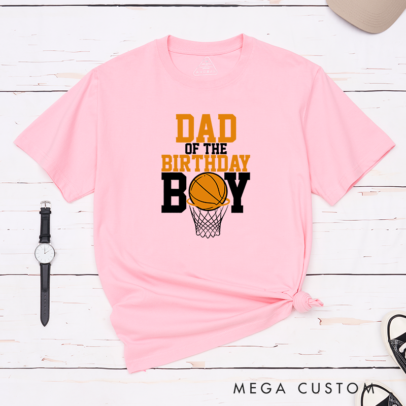 Personalized Family Basketball Birthday T-Shirts with Customizable Titles for Dad, Mom, Brother, Sister, and More Featuring Bold Typography and Basketball Hoop Graphic Design