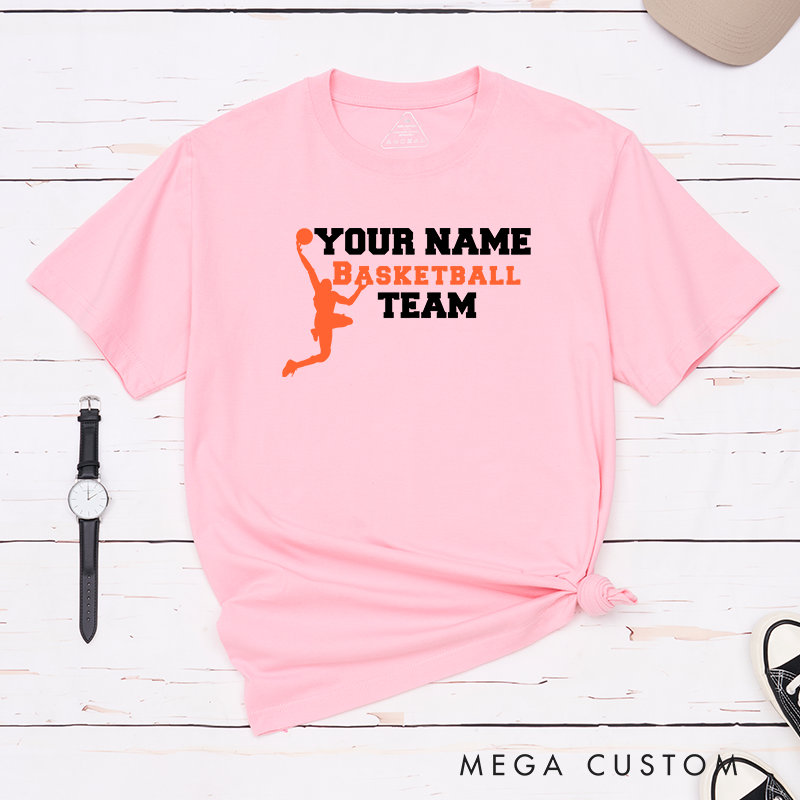 Personalized Basketball Team T-Shirt Design Featuring Custom Name Bold Text and Dynamic Player Silhouette Graphic