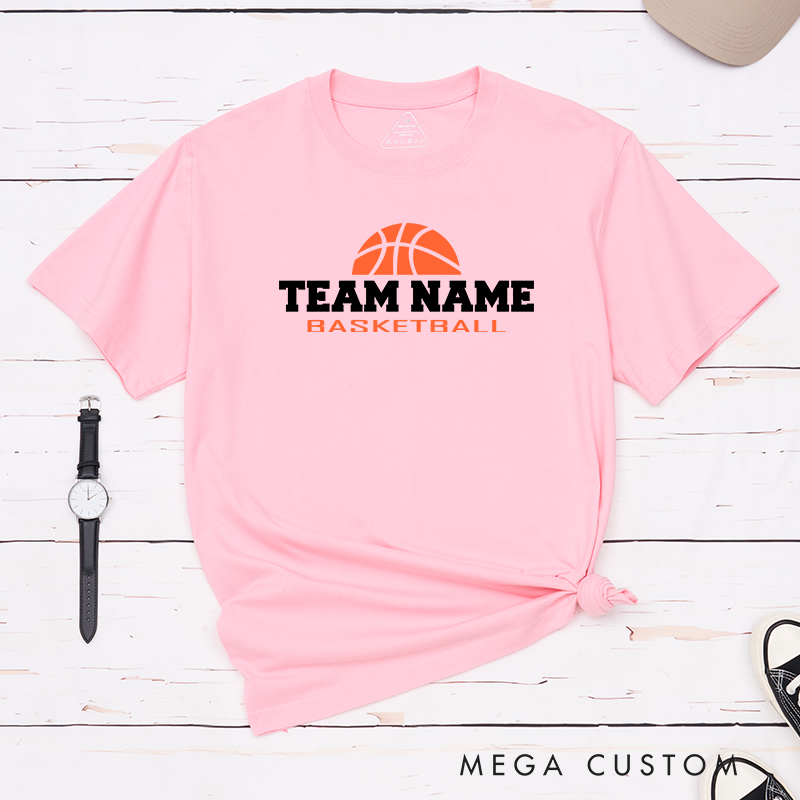 Personalized Basketball Team T-Shirt Design Showcasing Bold Team Name Text and a Striking Orange Basketball Graphic for a Sporty and Dynamic Look