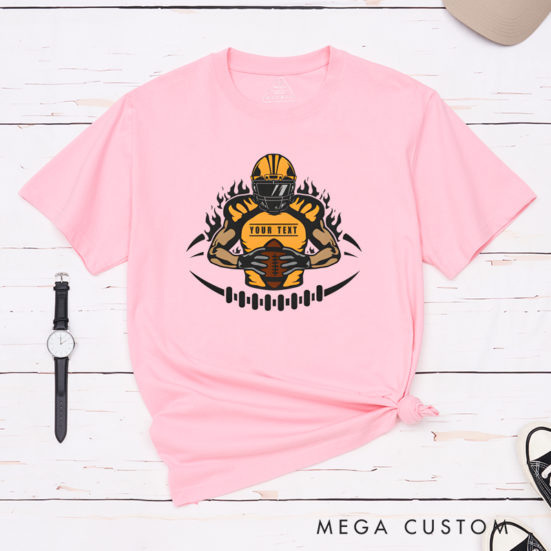 Personalized American Football Flame T-Shirts Featuring Custom Your Text on the Front