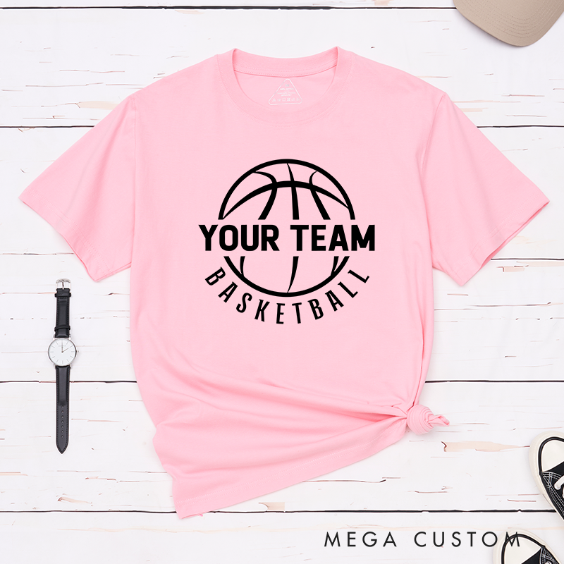 Personalized Basketball T-Shirt Design Showcasing Custom Team Name Sleek Basketball Outline and Dynamic Curved Text Layout