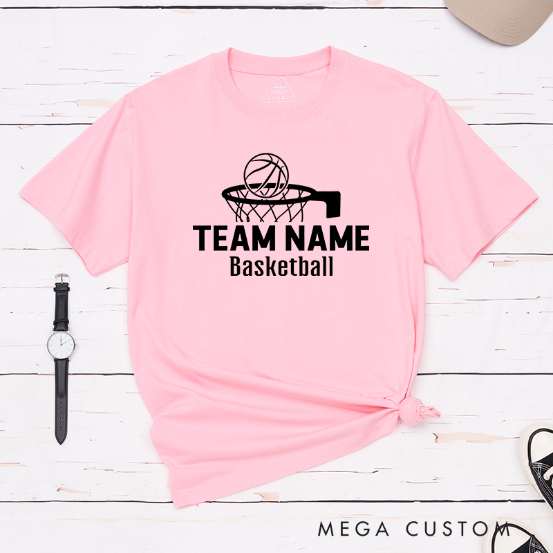 Personalized Basketball T-Shirt Design Showcasing Custom Team Name Bold Basketball Hoop Graphic Dynamic Ball Illustration and Clean Text Layout