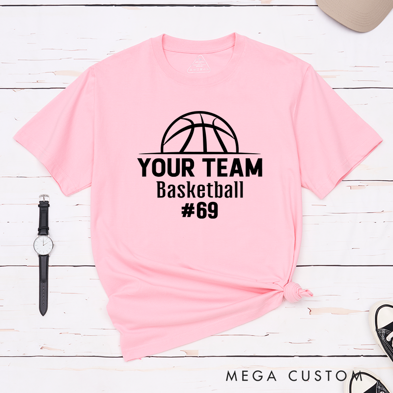 Personalized Basketball T-Shirt Design Showcasing Custom Team Name Bold Basketball Graphic Sleek Text Layout and Prominent Player Number Display