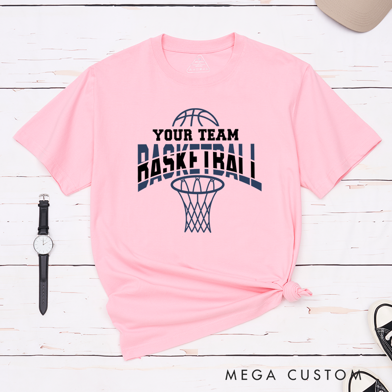 Personalized Basketball T-Shirt Design Featuring Custom Team Name Bold Arched "Basketball" Text Dynamic Hoop Graphic and Stylish Basketball Accent