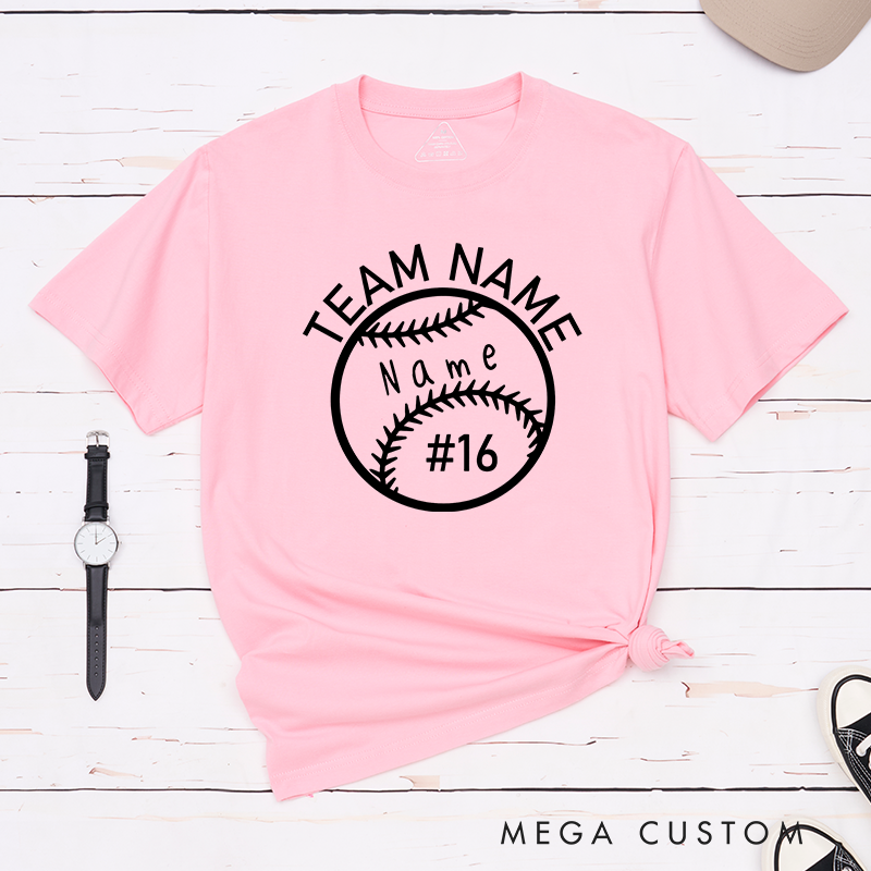 Personalized Softball T-Shirt Design Featuring Custom Team Name Player Name and Jersey Number Inside a Bold Softball Graphic